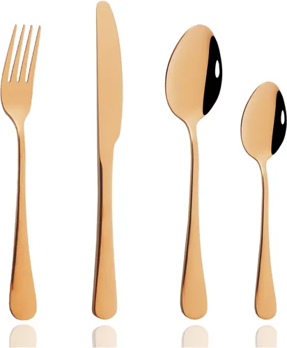 Vista 22 de JASHII Juego de cubiertos de acero inoxidable de 4 piezas, incluye cuchillo, tenedor, cuchara, cuchara de café, pulido con espejo, apto para negro