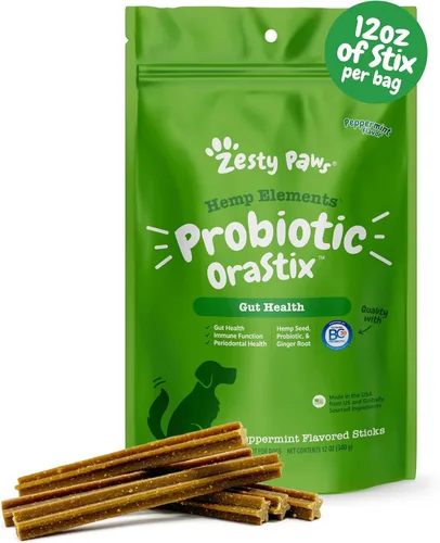 Zesty Paws OraStix - Palitos probióticos con semillas de cáñamo, curcumina, raíz de jengibre, taurina, apoya la función intestinal, flora sistema
