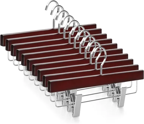 Vista 9 de TOPIA HANGER Perchas de madera negra para pantalones, perchas de falda de madera con clips, percha de lujo para jeans con gancho plano anti-óxido