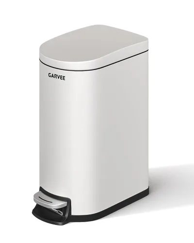 Vista 9 de Garvee 1.6 gal / 6L Metal Bathroom Trash Can with Lid, Slim Waterproof Garbage Can for Bedroom, Small Step-on Trash Bin with Inner Bucket, Rear