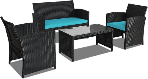 Vista 12 de Goplus Juego de muebles de ratán para patio, 4 piezas, sofá y mesa de mimbre para exteriores con cojines suaves y mesa de centro de vidrio templado