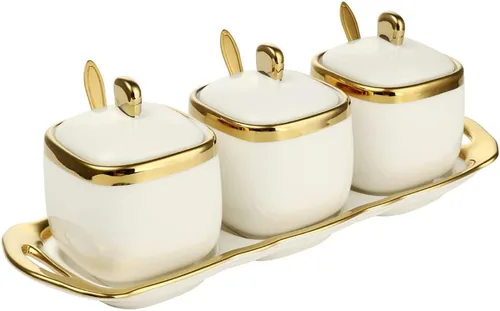 Tarro de condimentos de porcelana con bandeja, cuchara de cerámica y tapa, recipiente de condimentos de cerámica para especias y azúcar, caja de