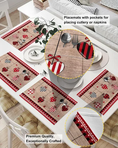 Vista 2 de Valentine's Table Placemats for Dining Table Set of 2,Cotton Linen Cloth Kitchen Place Mats with Pocket,Washable SquareRectangleRoundOblong Table