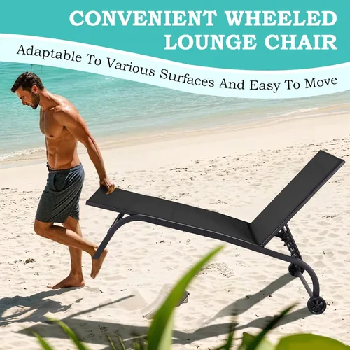 Vista 5 de Patio Chaise Lounge Chair with Wheels, Set of 2 Outdoor Lounge Chairs with Adjustable Backrest, Waterproof Poolside Lounge Chairs