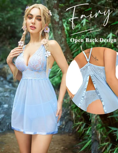 Vista 2 de Avidlove - Lencería para mujer, babydoll de encaje con tirantes, camisón con cuello halter, teddy, malla, camisón de noche