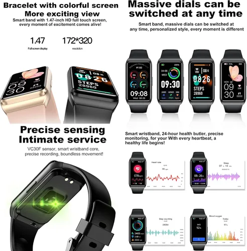 Vista 5 de ZPIMY AMOLED - Reloj inteligente de 1.47 pulgadas para mujer, reloj inteligente para hombre, rastreador de actividad física para iPhone Android Negro