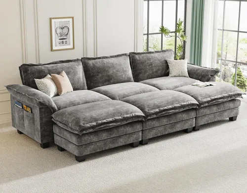 Vista 29 de KKL Sofá cama modular seccional, sofá de nube de 4 plazas con otomana, sofás seccionales de felpilla para sala de estar, apartamento, beige