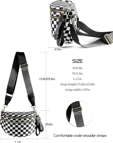 Vista 4 de Bolsa cruzada espaciosa de nailon a cuadros, estilo cangurera, para mujer