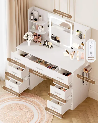 Vista 3 de LIVELYGLOW Escritorio de maquillaje grande blanco con espejo LED inteligente y estación de energía, tocador profesional de 43 pulgadas con 7