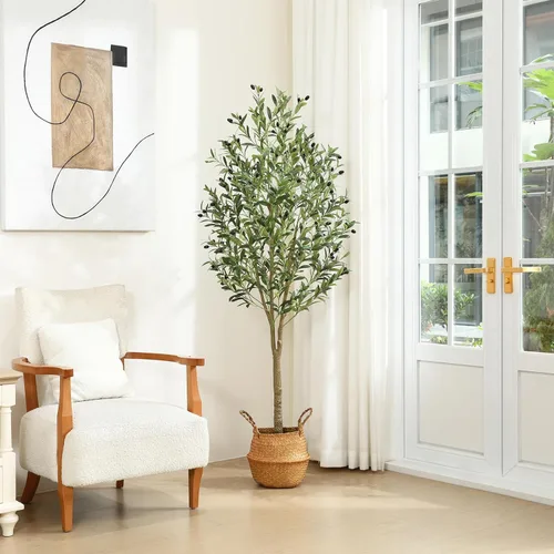 Vista 6 de Olivos artificiales de 6 pies, planta de olivo artificial con cesta, plantas sintéticas para interiores y exteriores, árbol falso en maceta, plantas