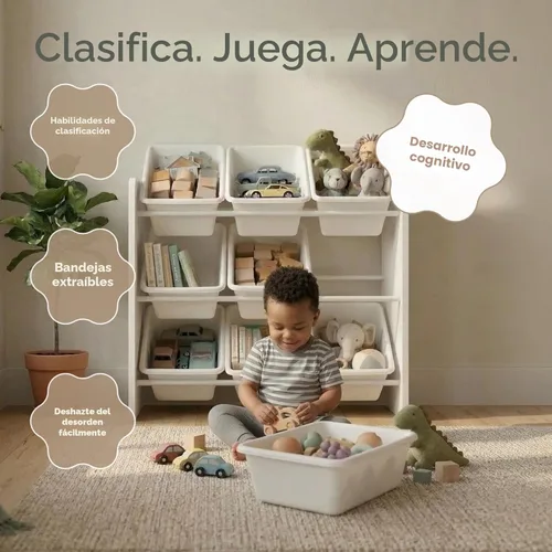 Vista 6 de Humble Crew Organizador de juguetes de 9 compartimientos: contenedores de plástico blanco Cambridge, solución de almacenamiento de 3 niveles