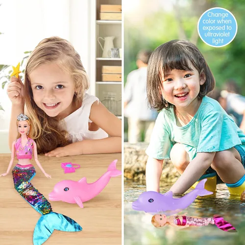 Vista 8 de Juego de muñeca de sirena, cambio de color, escala de cola de sirena, muñeca de princesa de moda de 12 pulgadas con delfín de sirena de 5 pulgadas