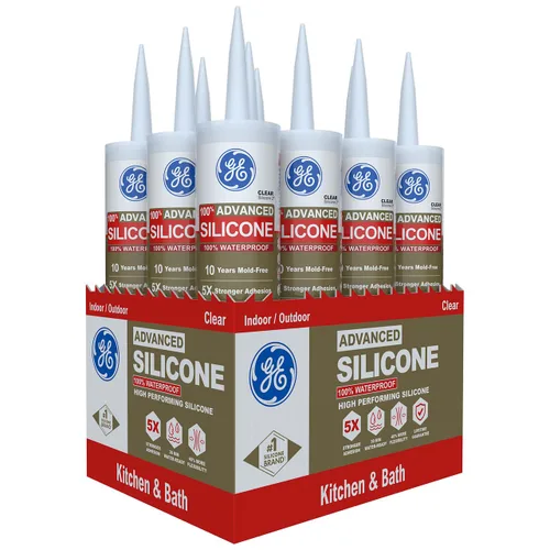 GE Sellador de silicona avanzado para cocina y baño, transparente, cartucho de 10 onzas líquidas, paquete de 12 – Sellador de silicona 100%