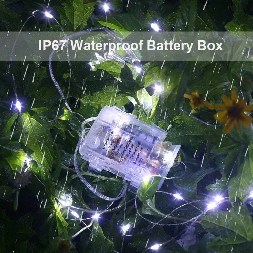 Vista 2 de Metaku - Juego de 2 tiras de luces de hadas de 33 pies con 100 LED, luces LED parpadeantes que funcionan con pilas, con control remoto