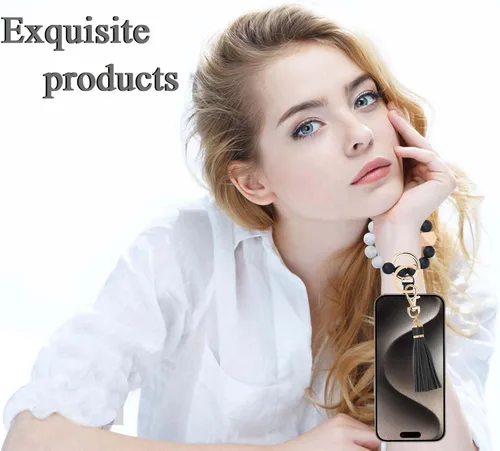 Vista 2 de Correa de silicona con cuentas para teléfono, correa de muñeca para teléfono celular con pestaña de sujeción, pulsera elástica para teléfono celular