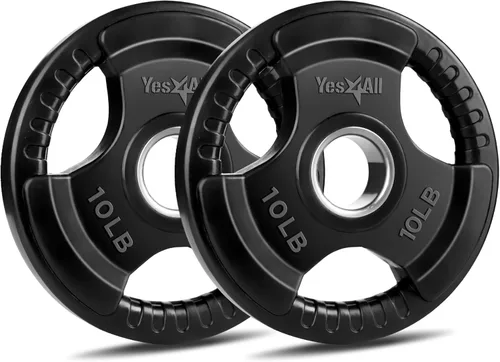 Vista 12 de Yes4All Rubber Coated Weight Plate, 2.5-45 Lb Cast Iron Weight for 2-Inch Barbell, 3-Handle Design for Easy Grip, Strength Training, Weightlifting &