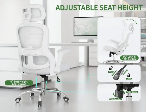 Vista 7 de Silla de oficina ergonómica blanca Silla de escritorio de malla cómoda con soporte lumbar ajustable Silla de juegos de computadora de respaldo alto