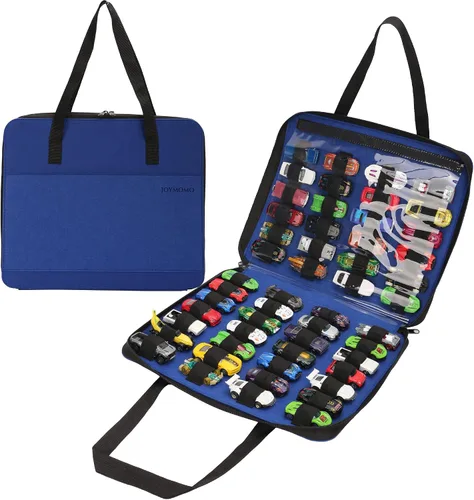 Organizador de coches de juguete con 52 ranuras (Azul) Se adapta a automóviles fundidos a presión 1:64. Coches no incluidos. Estuche portátil para