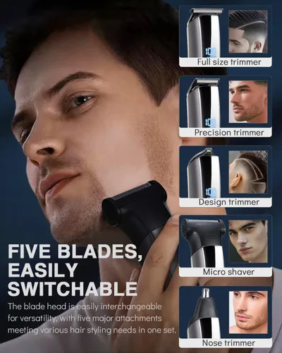 Vista 3 de E-Hunter Recortadora de barba para hombres – Kit de maquinilla de afeitar eléctrica 5 en 1, recortadora de pelo de nariz con pantalla LED, kit