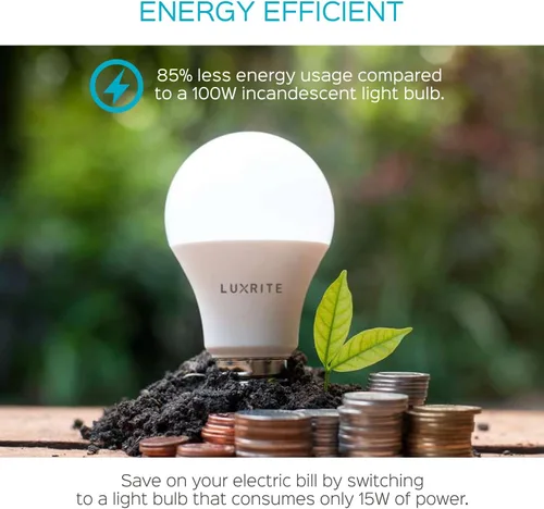 Vista 4 de LUXRITE Bombilla LED A19 equivalente a 100 W, 2700 K blanco cálido no regulable, 1600 lúmenes, bombilla LED estándar de 15 W, base media E26