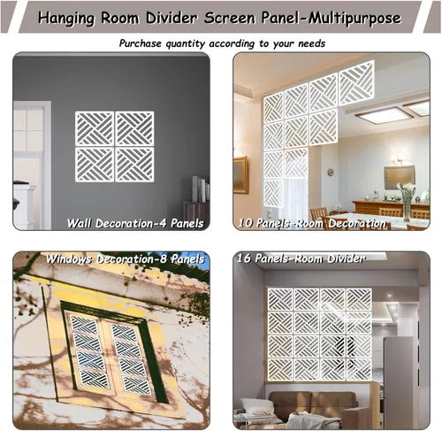 Vista 4 de Lchen Panel divisor de habitación colgante, divisor de pared colgante blanco, 10 piezas de madera y plástico, decoración de oficina en el hogar