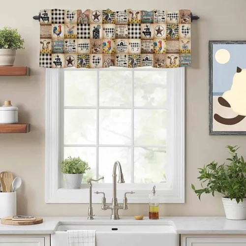 Vista 17 de Cenefa de amarre de pintura al óleo retro para cocina, cenefa ajustable con bolsillo para barra, cortina corta de arte abstracto moderno