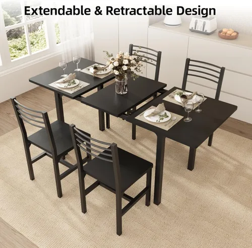 Vista 3 de VOWNER 63” Extendable Dining Table Set for 4-6 People, 5-Piece Dining Table Set for 4 People with 4 Chairs, Kitchen Table Set with MDF Wood Board