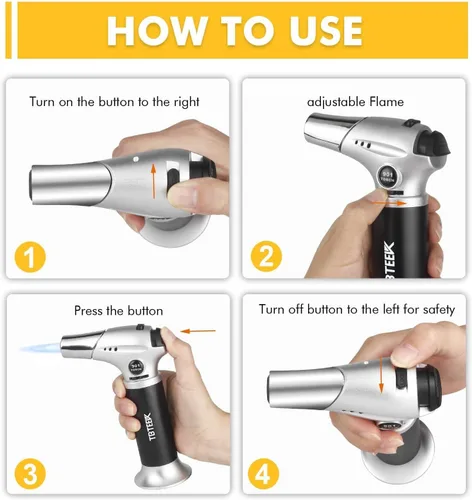 Vista 2 de TBTeeK Antorcha de Butano, Soplete de Cocina Soplete de Cocina con Bloqueo de Seguridad y Llama Ajustable para Cocinar, BBQ, Hornear, Brulee, Crema
