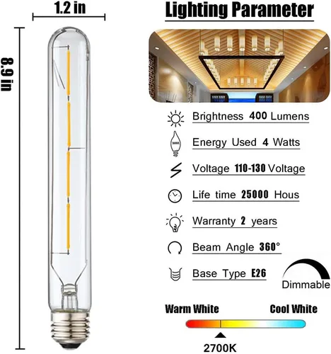 Vista 3 de Leools Bombillas LED largas T10, bombilla tubular regulable de 4 W, equivalente a 40 vatios, bombilla de filamento LED vintage estilo Edison E26