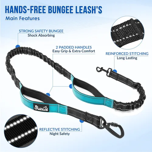 Vista 5 de Correa de perro manos libres con bolsa extraíble con cremallera, correas elásticas que absorben los golpes, doble asa y costuras reflectantes
