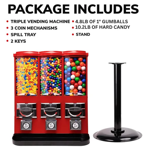 Vista 2 de Máquina expendedora – Máquina comercial de chicles y dulces con soporte y recarga en paquete – Máquina expendedora triple roja con recipientes