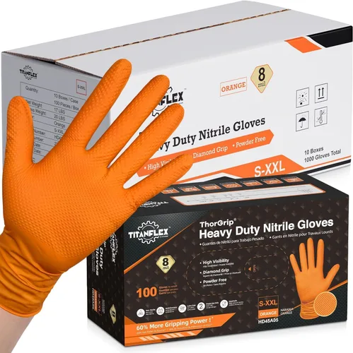 Vista 10 de TitanFlex Heavy Duty Orange Industrial Nitrile Gloves with Raised Diamond Texture, Latex Free (6mil/8mil)