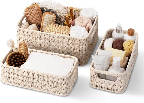 Vista 19 de GRANNY SAYS Cestas de mimbre para organizar, cestas de almacenamiento anidables para estantes, 1 cesta grande y 2 pequeñas de mimbre impermeable