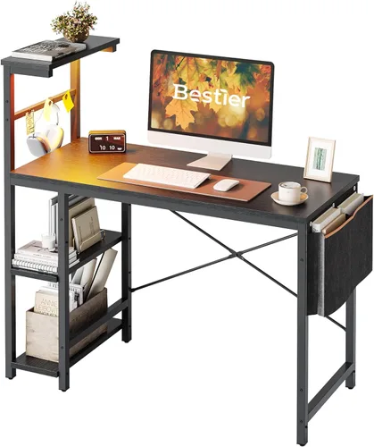 Vista 59 de Bestier Escritorio para juegos con tomas de corriente, escritorio LED grande de 61 pulgadas con estantes reversibles de 4 niveles, mesa