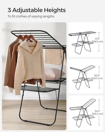 Vista 5 de SONGMICS Tendedero de Ropa, Tendedero de Lavandería Plegable de 2 Niveles, Tendedero de Pie Independiente, con Alas Ajustables en Altura, 33 Rieles