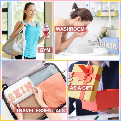 Vista 6 de Sotiff Bolsa de maquillaje con parche de 3 piezas, bolsa de cosméticos con letras de chenilla, bolsa de aseo impermeable, organizador de maquillaje