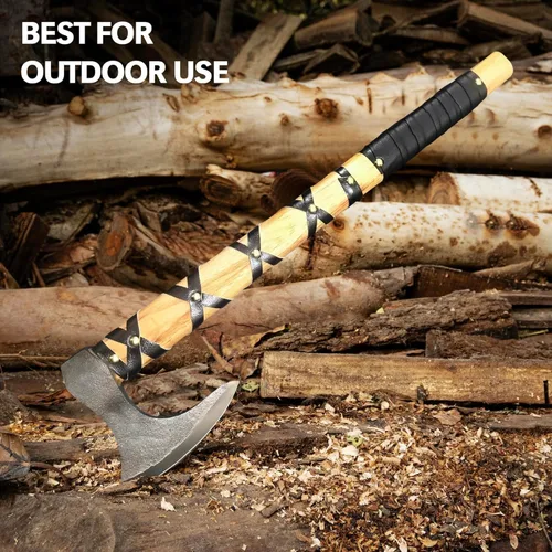 Vista 4 de Hacha vikinga de acero al carbono, hacha con funda de cuero, hacha de supervivencia para acampar al aire libre Tomahawk Hoja de acero de alto