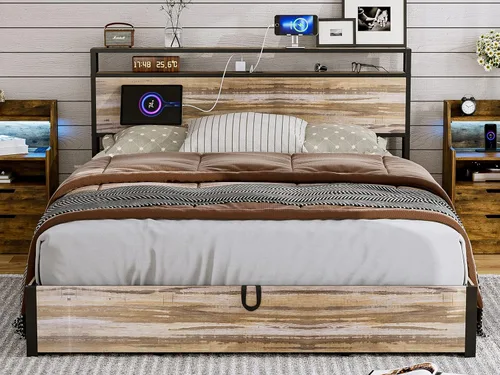 Vista 21 de IKIFLY Cama de almacenamiento elevable tamaño King con estación de carga, marco de cama de metal King con cabecera de estante de almacenamiento