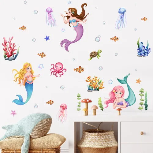 Vista 5 de Pegatinas de pared de sirena, peces de océano, calcomanías de pared de medusas, coral, bajo el mar, animales, papel tapiz para niñas, dormitorio