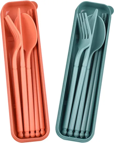 Vista 12 de Juego de utensilios de campamento, juego de utensilios reutilizables con estuche, juego de cubiertos de plástico, tenedores, cuchara, palillos