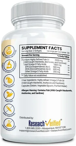 Vista 2 de Research Verified® Omega-3 MD - Aceite de pescado 2500 mg - EPA 900 mg, DHA 600 mg - Salud cardiovascular, función cognitiva - 60 cápsulas blandas