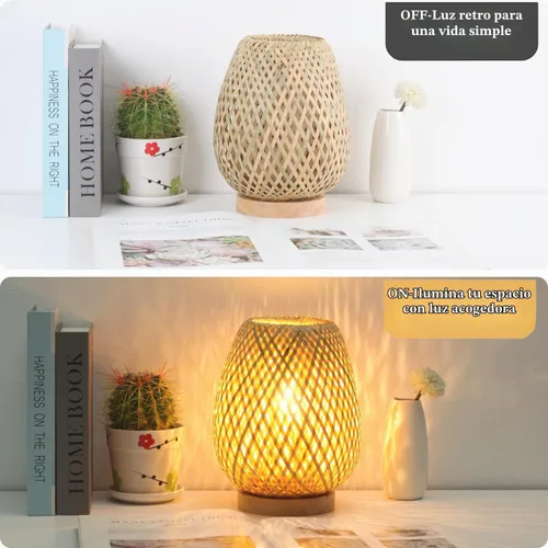 Vista 6 de Lámpara de mesa con trípode regulable, pequeña lámpara bohemia de mesita de noche para dormitorio con pantalla de tela de ratán, bonita lámpara