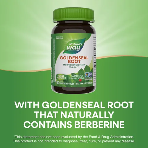Vista 2 de Nature's Way Goldenseal Root, soporte digestivo tradicional*, contiene berberina, proyecto verificado sin OMG, vegano, 100 cápsulas
