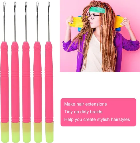 Vista 2 de 5 ganchos de plástico para extensiones de cabello, juego de ganchillo, herramienta de gancho para trenzar el cabello (rojo rosa #2)