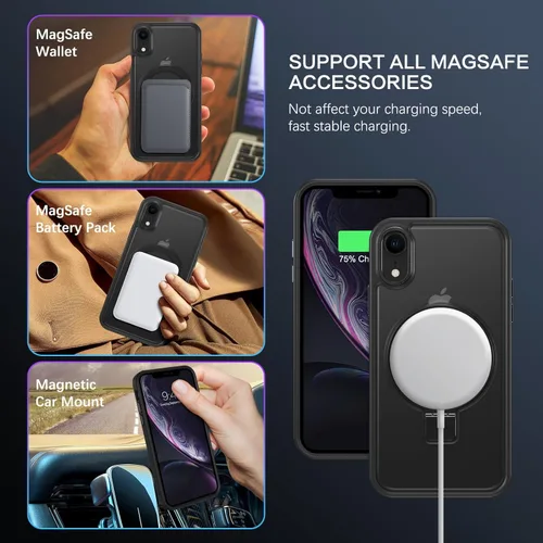 Vista 4 de DUEDUE Funda magnética para iPhone XR con soporte de anillo [compatible con Magsafe], funda protectora de cuerpo completo, delgada, a prueba de Negro