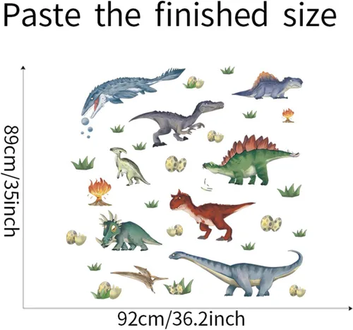 Vista 6 de Calcomanía de pared de dinosaurios de animales de dibujos animados, calcomanías de pared de hojas de huevos de dinosaurio, decoración de pared