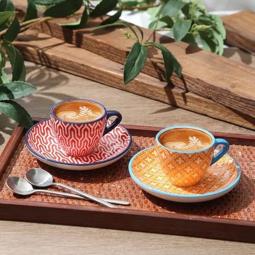 Vista 6 de Selamica Tazas de café expreso de cerámica de 2 onzas, juego de tazas de café expresso pequeñas con platillos, mini tazas demitasse de porcelana