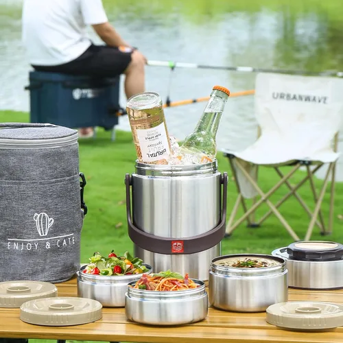 Vista 6 de Termo de sopa al vacío de acero inoxidable para adultos de 67 onzas para alimentos calientes con insertos, caja Bento apilable y bolsa de almuerzo