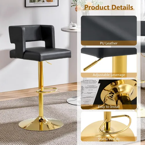 Vista 14 de Juego de 2 taburetes de bar de altura de asiento ajustable de 26-35 pulgadas, taburete giratorio de altura de mostrador con cojín de cuero, sillas