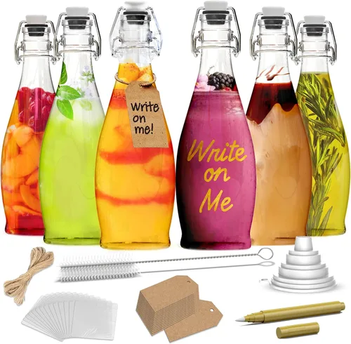 Nevlers Botellas de vidrio con tapa hermética de 17 onzas con tapa hermética, paquete de 6 botellas de vidrio con tapón, embudo, cepillo, envoltura